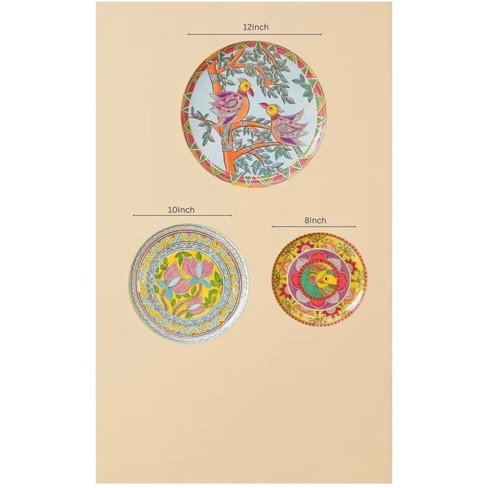 Madhubani Hand Painted Wall Hanging Plates‎ Set of 3 Bird Floral Folk Art Decor
